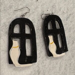 Hand Painted Black & White Cat in Window Wood Earrings New Light Pierced